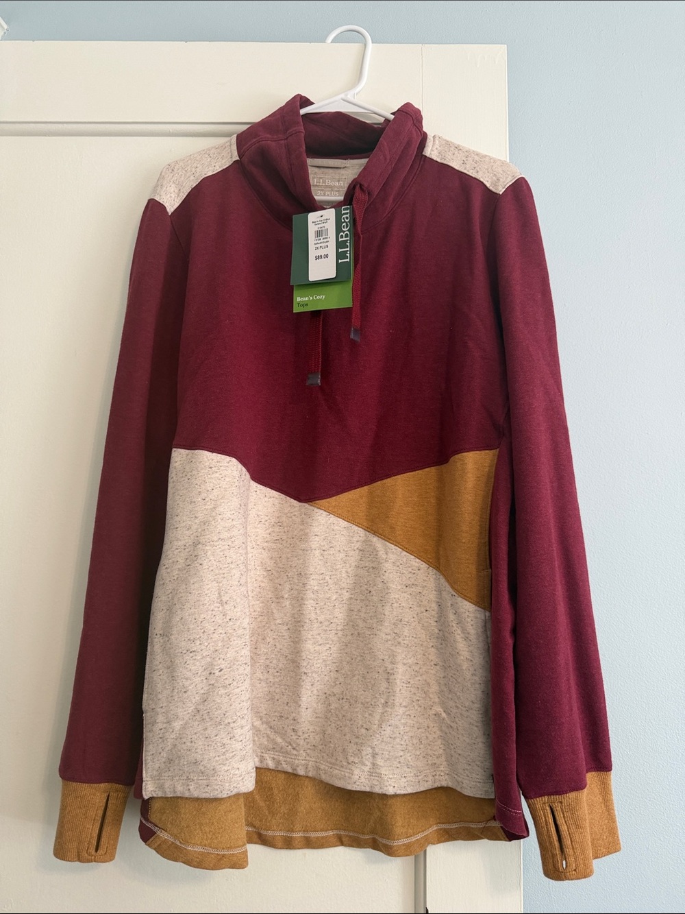 L.L. Bean Colorblock Funnel Neck Sweater - Burgundy/Cream/Gold